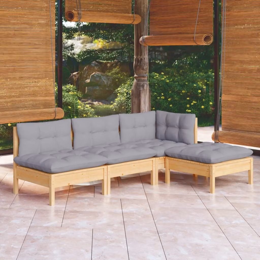 The Living Store Set da giardino 4 pezzi con cuscini grigi in legno di pino