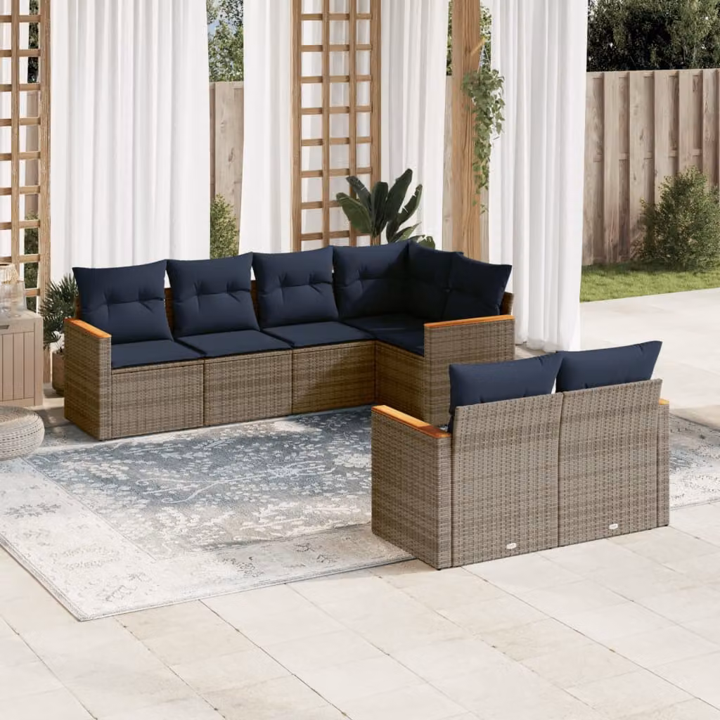 Set di divani da giardino vidaXL in rattan 7 pz con cuscini grigi e struttura in metallo