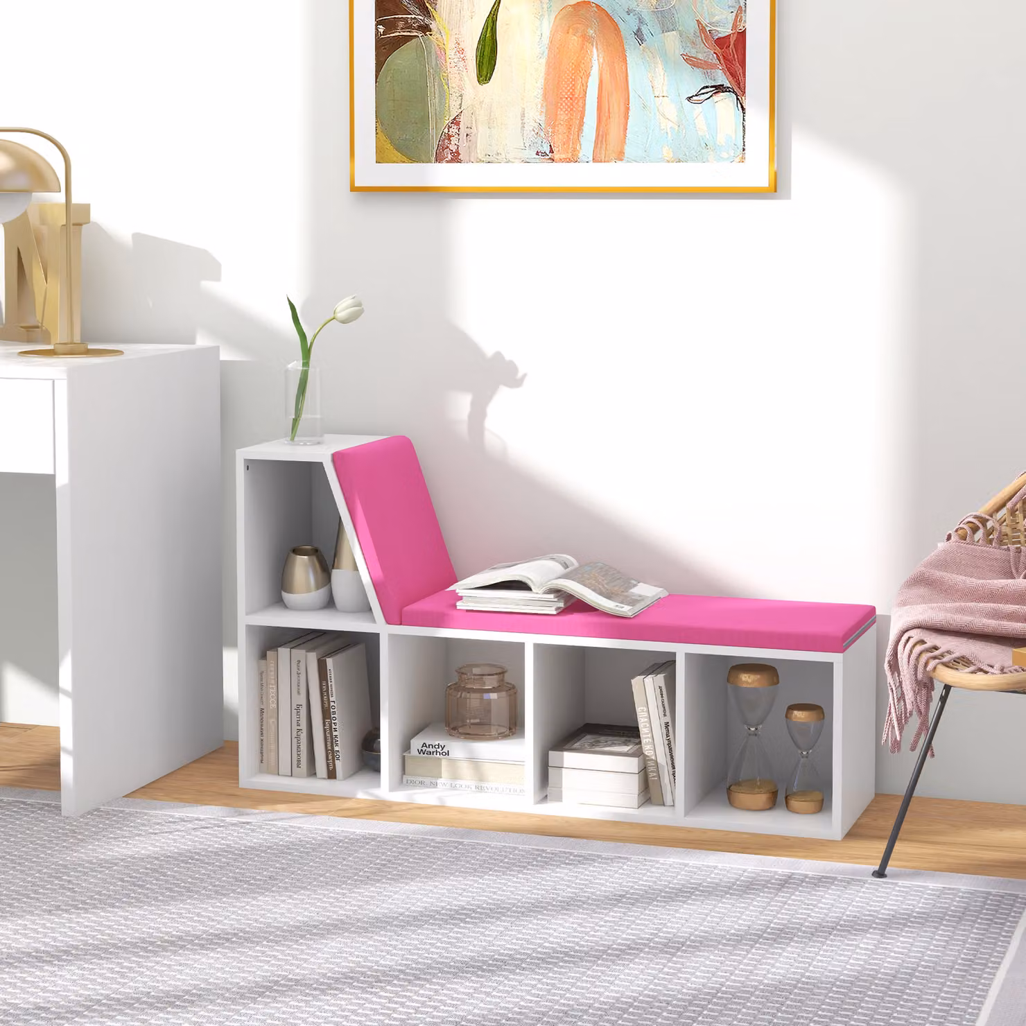 HOMCOM Libreria con Seduta Imbottita e 5 Scomparti, Bianco e Rosa, L: 108 cm, P: 30 cm, H: 60 cm – 2