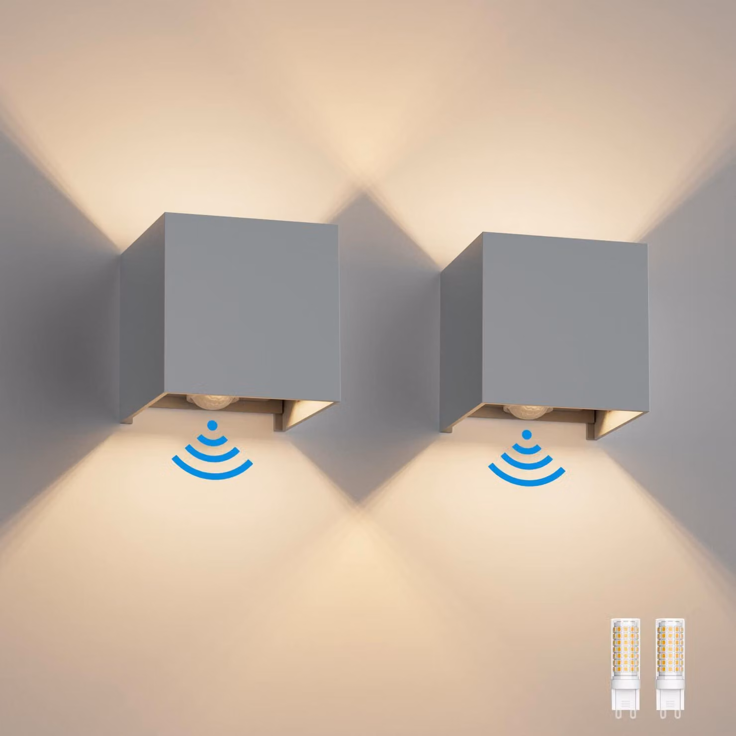 Set di 2 lampade da parete a LED con sensore di movimento, 3000K, colore grigio