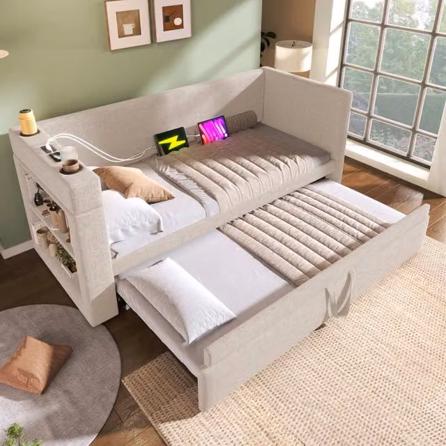 Letto divano singolo OKWISH beige con letto estraibile, porte USB e Type-C, portabevande e ripiani laterali, L/P: 90 x 190 cm