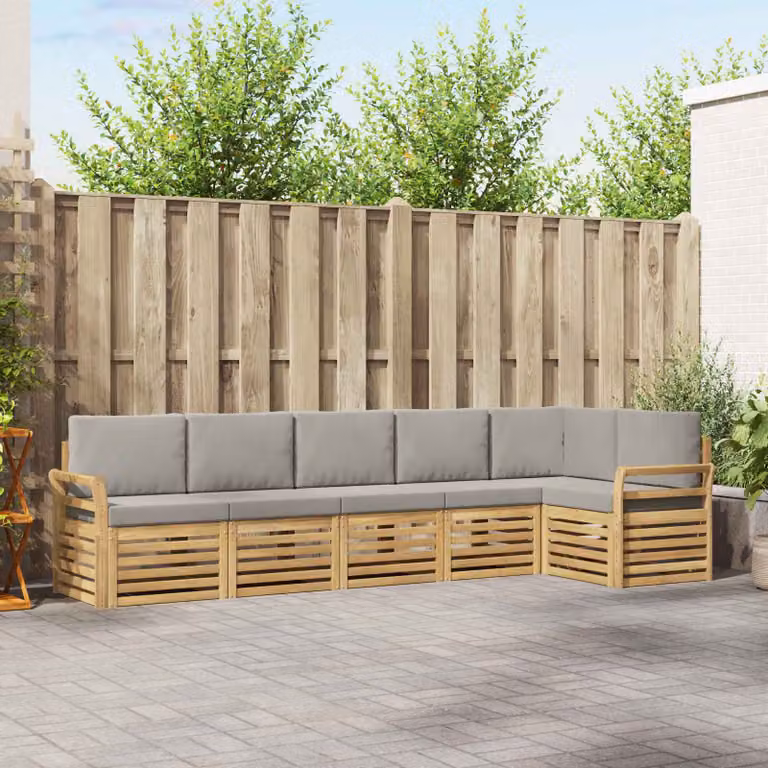 Set di divani da esterno vidaXL a forma di L composto da 6 pezzi, colore bianco e grigio, con struttura in legno di acacia e cuscini inclusi