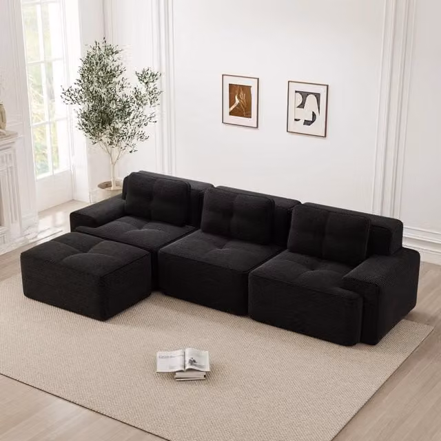 Canapé modulare in corduroy con pouf, seduta profonda e base antiscivolo, senza montaggio, per soggiorno, nero