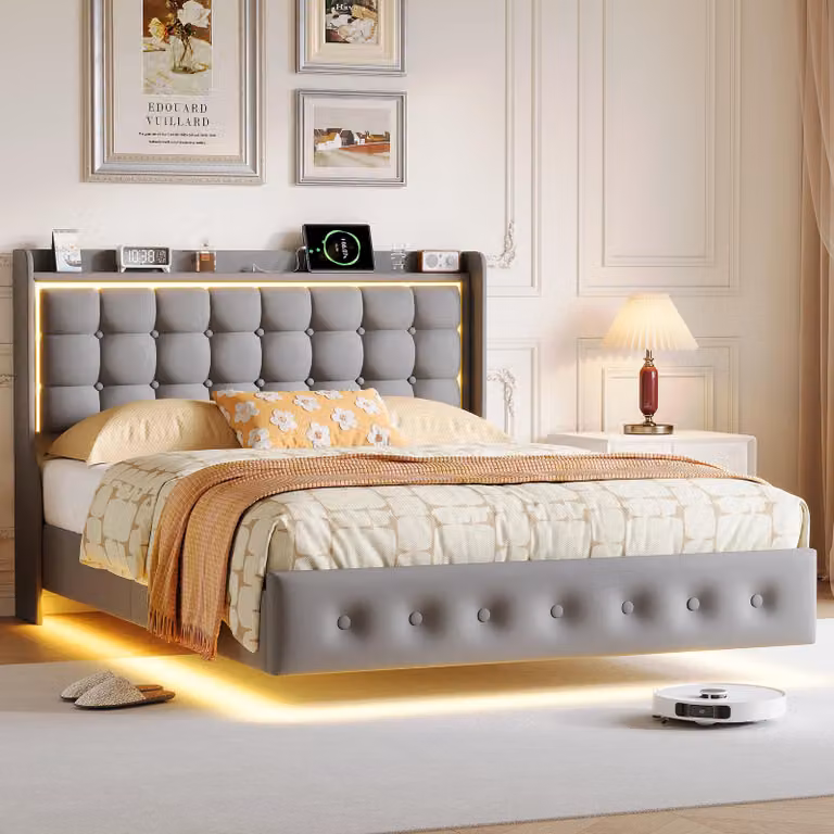 Letto imbottito 160x200 cm con illuminazione LED, testiera con vano portaoggetti, 2 porte USB e 1 porta Type-C, rete a doghe, colore grigio, letto matrimoniale senza materasso