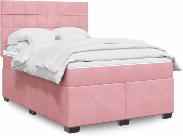 Letto con Giroletto a Molle e Materasso Ibrido vidaXL in Velluto Rosa e Bianco, L/P: 160 x 200 cm