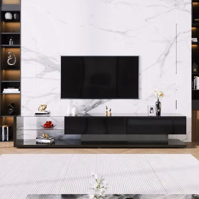 Mobile porta TV con LED via app 2 cassetti e 2 ripiani in vetro nero lucido in truciolare 170 × 36 × 38 cm