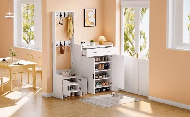 Mobile da ingresso con 2 cassetti; armadio a 2 ante e 8 ganci; MDF e truciolato; bianco; 125x36x165 cm