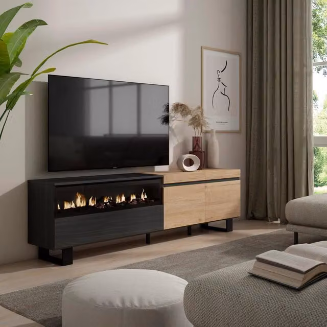 Mobile TV, 200x35x57cm, soggiorno, Per TV fino a 80", Camino elettrico, Design industriale, colore Rovere e nero RF2254