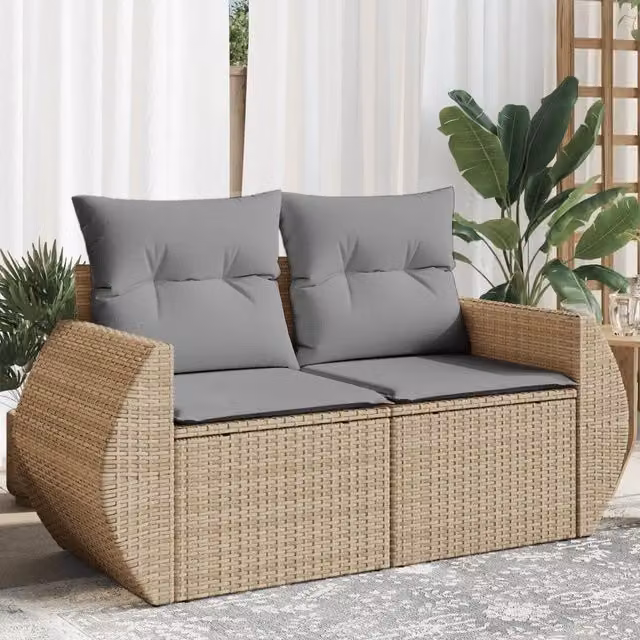 Divano da giardino a 2 posti vidaXL in polyrattan con cuscini beige e grigi e coperture rimovibili