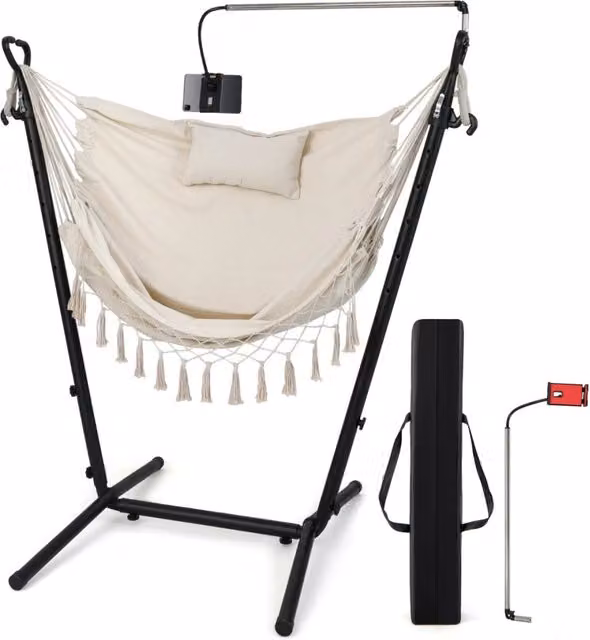 Sedia amaca sospesa Design Mania beige con supporto in metallo, cuscino regolabile e tasca laterale per esterno