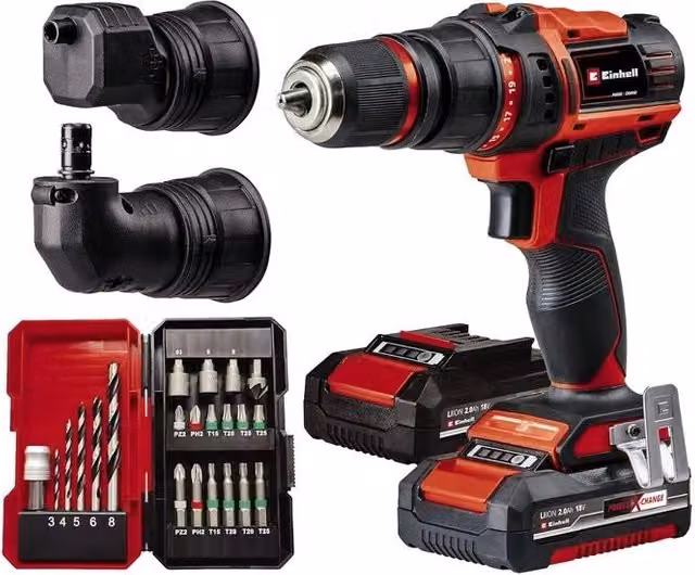 Einhell TE-CD 18-45 3X-Li Trapano Avvitatore a Batteria 18V 45 Nm Rosso con 2 batterie da 2,0 Ah e 22 accessori