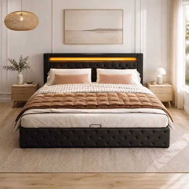 Letto imbottito 180x200 cm con contenitore; rete a doghe e LED regolabile; PU nero