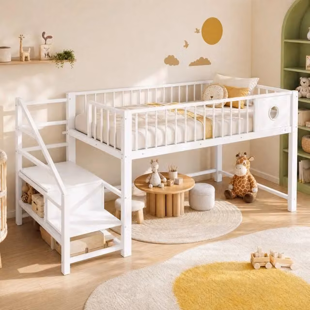 Letto a soppalco basso 90 x 200 cm in metallo con scala contenitore; bianco