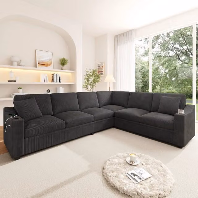 Divano angolare modulare a L per 6-7 persone; 277x215x85 cm; in corduroy grigio