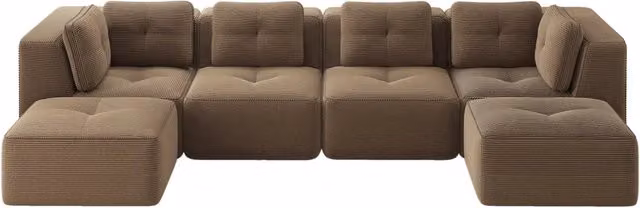 Divano modulare ad angolo senza struttura, tessuto in velluto a coste marrone, design antiscivolo, senza montaggio richiesto