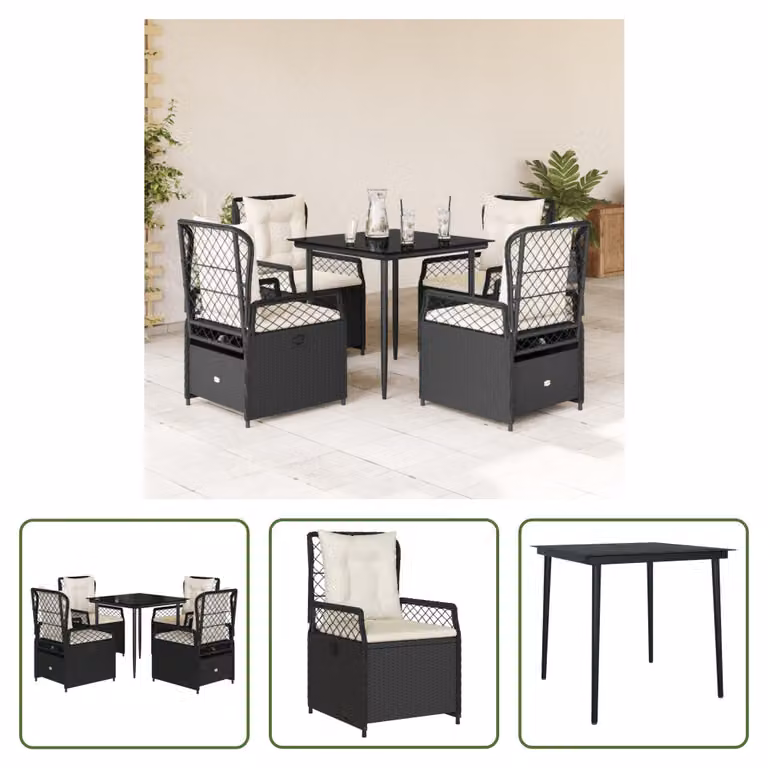 The Living Store Set da pranzo da giardino 5 pezzi con cuscini in poly rattan nero