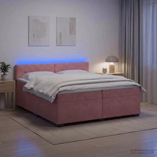 Letto con Box Spring e Materasso vidaXL in Velluto Rosa con Illuminazione LED e Porte USB L/P: 200 x 200 cm