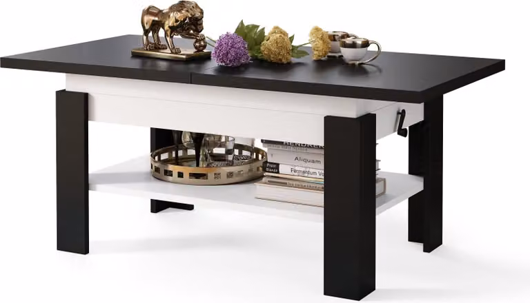 Tavolino All4All modello Rino, tavolino da caffè, tavolino per il soggiorno con vano portaoggetti, tavolino da divano, estendibile fino a 170 cm, con altezza regolabile, dimensioni 130x65 cm, modello 05, colore nero e bianco