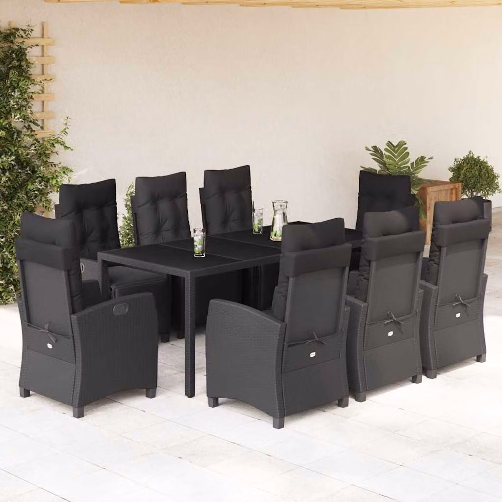 Set da Pranzo da Giardino vidaXL in Polyrattan Nero con Cuscini e Tavolo in Vetro, 9 Pezzi – 1