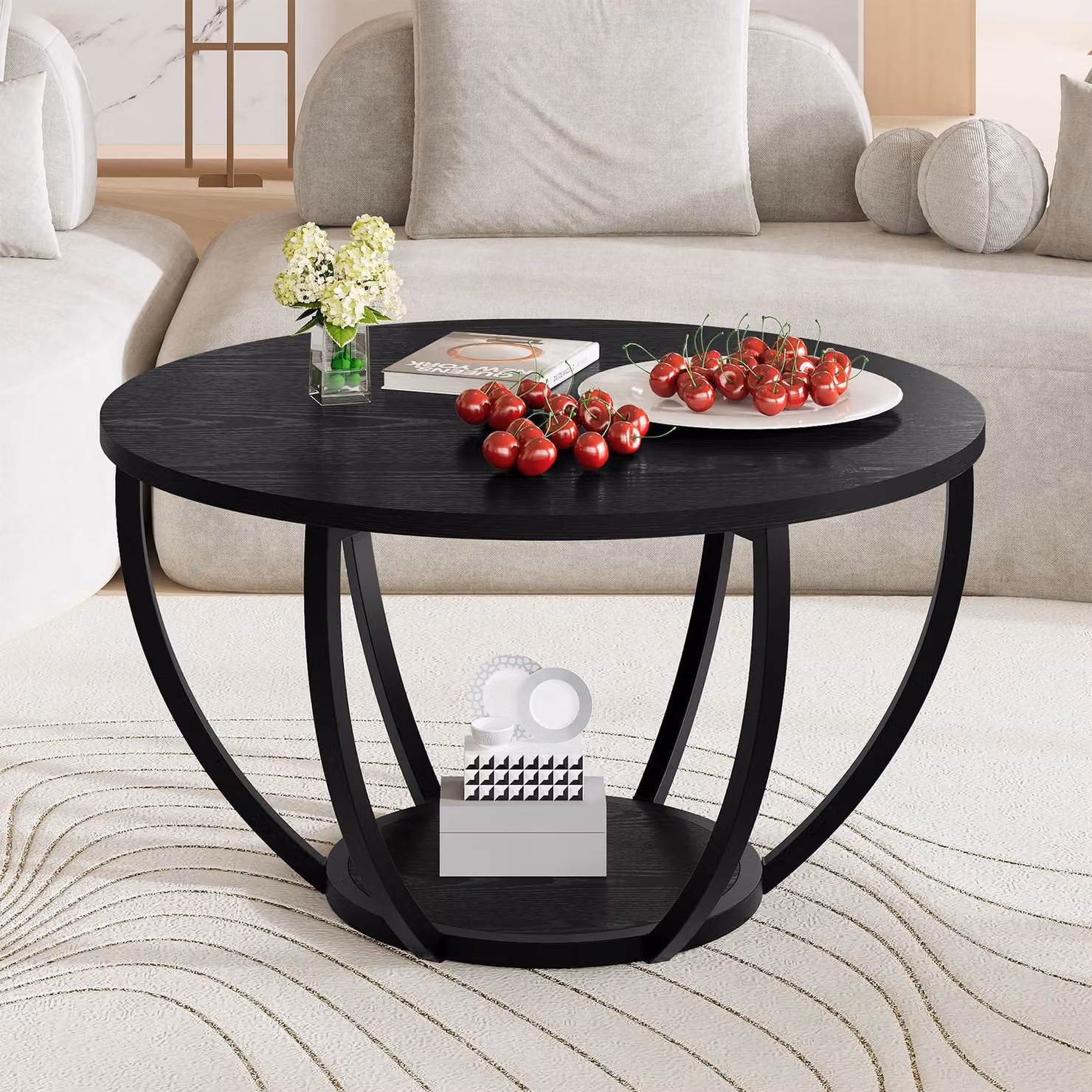 Tavolino rotondo, a due ripiani, diametro 70 cm, colore nero, per soggiorno