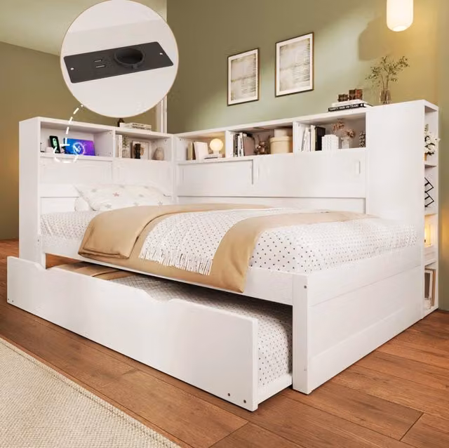 Letto per bambini 90x200 cm con letto estraibile; vani portaoggetti e USB; bianco