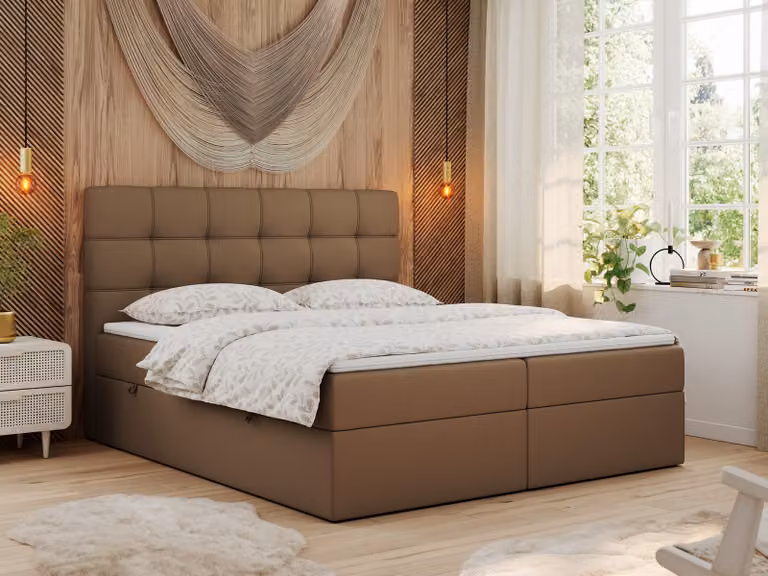 Letto boxspring MKS MEBLE 140x200 con materasso, letto con materasso Multipocket H4 e topper, letto imbottito 140x200 con contenitore e testiera, ERNI - ecopelle marrone