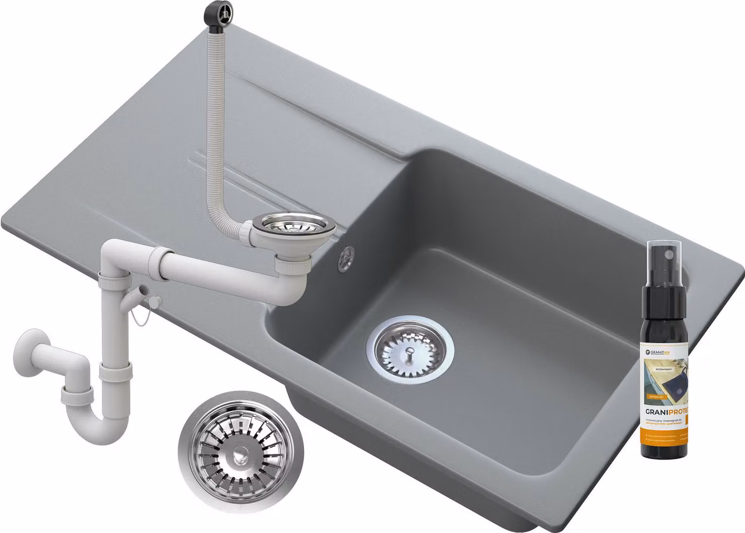 Granitan - Lavello in granito - Lavello da cucina - 78x44x16 cm - Grigio - con sifone e scolapiatti - Lavello - TASOS