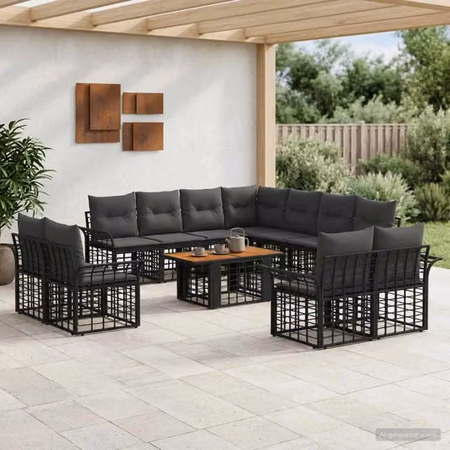 Set Divano da Giardino a L con Tavolino vidaXL, 12 Pezzi, Nero e Grigio con Cuscini e Struttura in Metallo e Polyrattan