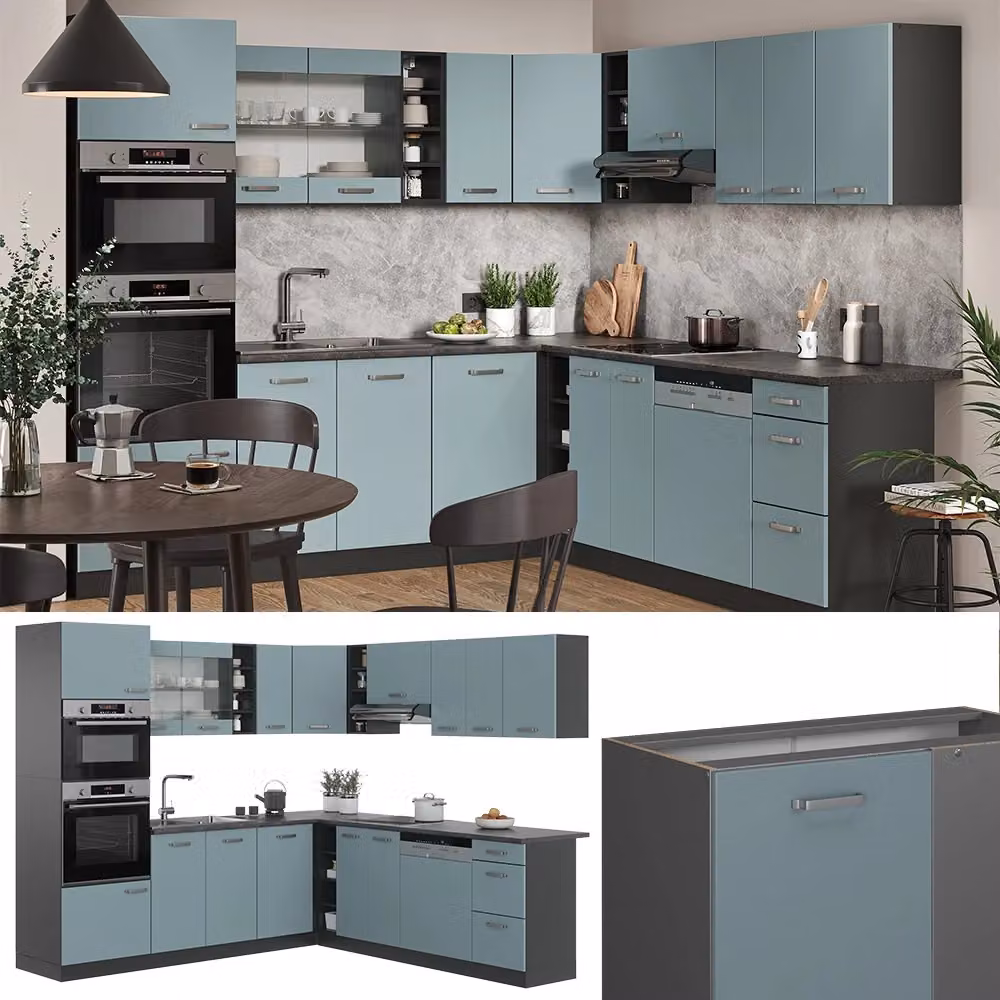 Cucina angolare moderna Vicco R-Line in legno e metallo, Grigio-blu/Antracite, L: 247 cm x P: 237 cm – 2