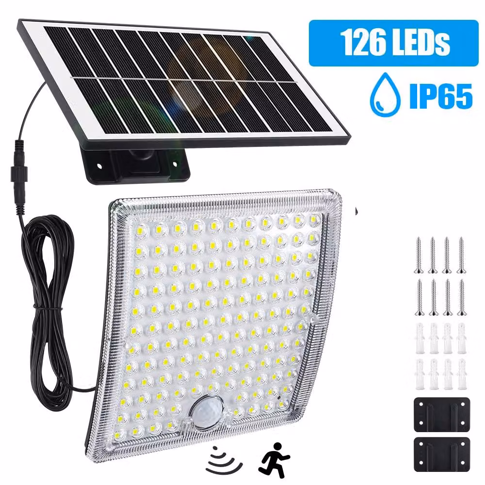 Faretto solare a LED - Lampada da esterno - 126 LED - Sensore di movimento - 3 modalità di illuminazione - Grado di protezione IP65 - Montaggio a parete