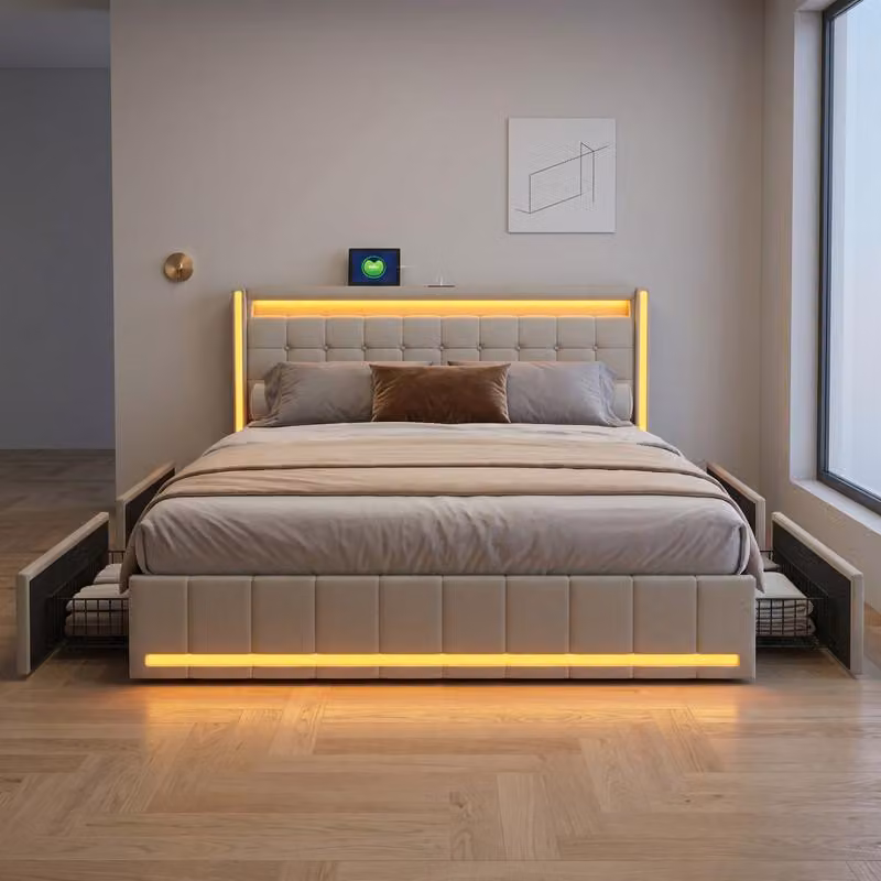 ProximaX Letto matrimoniale moderno 140x190 cm con illuminazione LED perimetrale, stazione di ricarica USB e 4 cassetti in metallo, tessuto di lino, beige