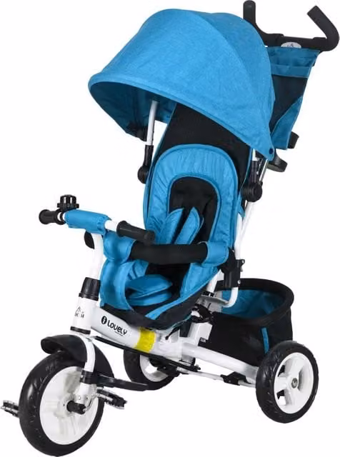 Triciclo 6-in-1 Blu per Bambini 1-5 Anni, con Maniglia Spinta, Tetto Parasole Rimovibile, Cuscino, Cintura 5 Punti, Cesto e Portabicchieri