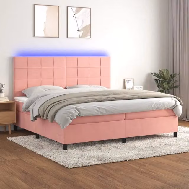 Letto Ibrido vidaXL in Velluto Rosa e Bianco con Illuminazione LED Sotto il Letto e Porte USB L/P: 200 x 200 cm, H: 203 cm