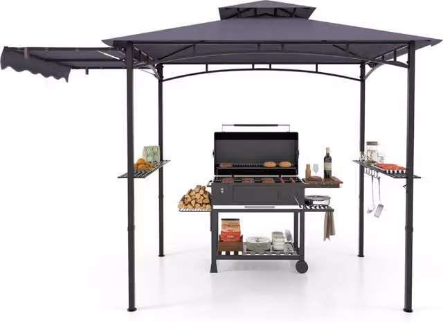 Gazebo per barbecue 250 x 203cm con tendalino laterale tetto a 2 livelli 2 ripiani laterali, Rifugio per barbecue Grigio scuro