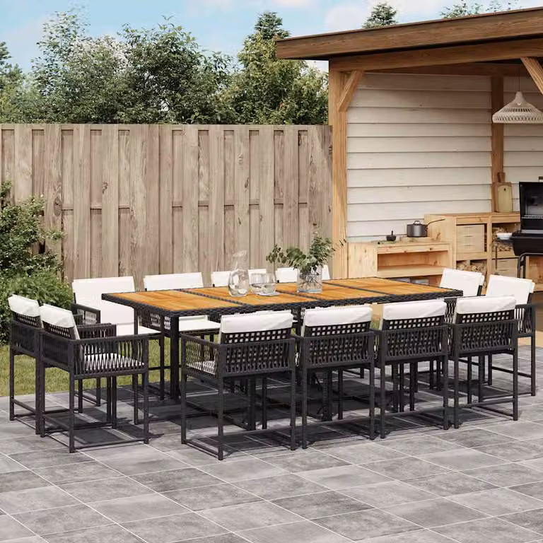 Set da pranzo da giardino vidaXL in polyrattan nero con cuscini e tavolo in legno di acacia per 13 persone