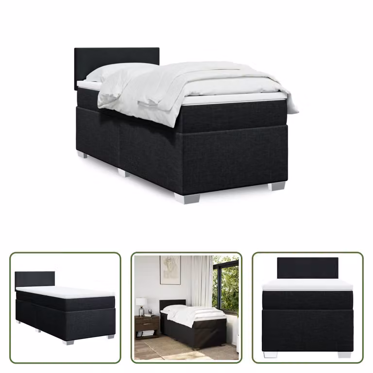 The Living Store Letto a molle con materasso nero 90x190 cm in tessuto
