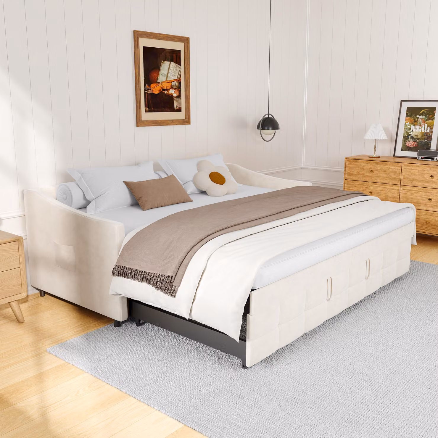 Divano-letto 90x200 cm in velluto bianco, estensibile 180x200 cm con martinetti idraulici, tasche laterali e design moderno