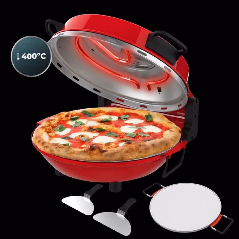Forno elettrico per pizza da 1200 W con finestra di controllo, timer, temperatura regolabile e pala per pizza in acciaio.