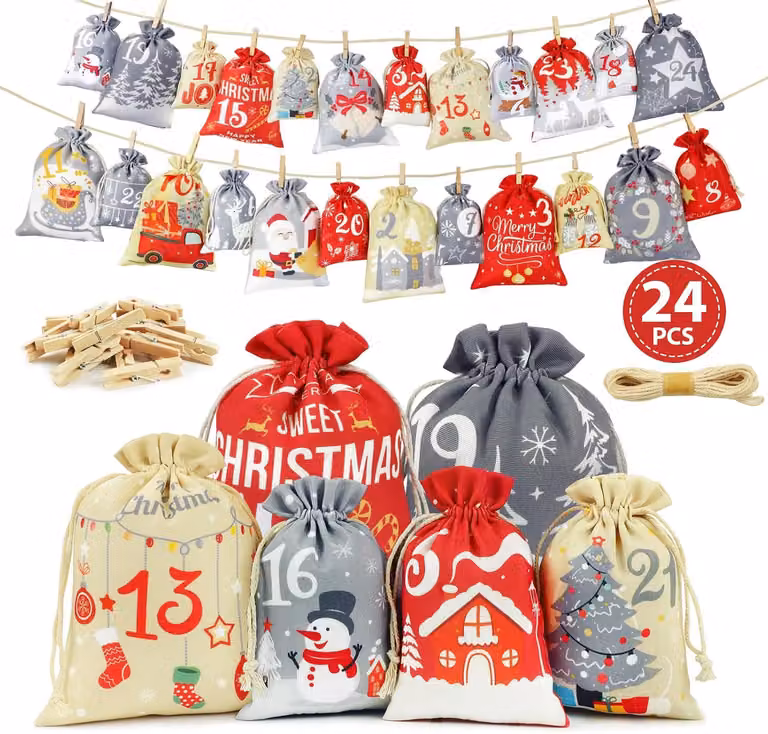Calendario dell'Avvento da riempire personalmente - 24 calendari dell'Avvento da riempire - Articoli per bambini - Sacchetti grandi per calendari dell'Avvento