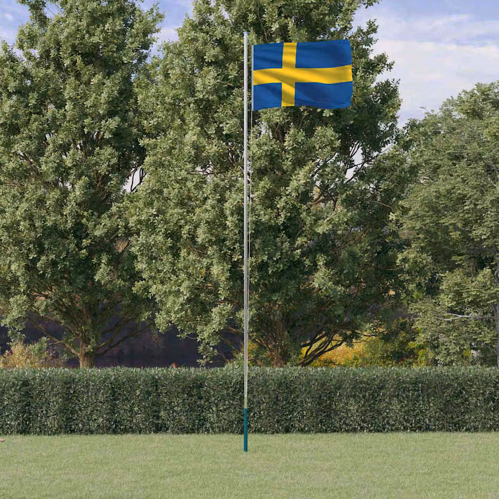 vidaXL Asta e Bandiera della Svezia in Alluminio e Poliestere, Argento e Multicolore, Lunghezza: 6,08 m