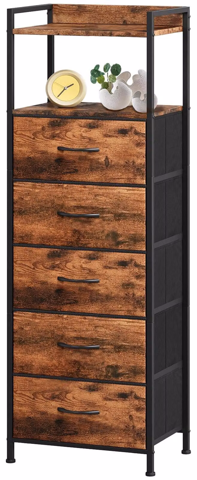 Omgoods - Comodino con 5 cassetti - Comò con ripiano aperto - Salvaspazio - Struttura in acciaio - Pannello MDF ecologico - Dimensioni: 29D x 38,7B x 107H - Mobile contenitore