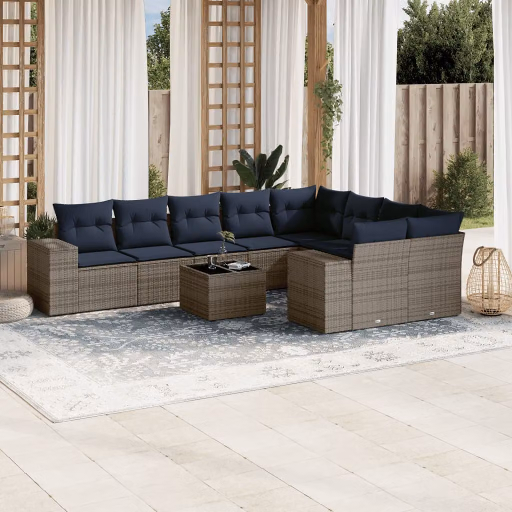 Set di divani da giardino vidaXL in polyrattan a forma di L con cuscini e tavolino da esterno, colore grigio e blu
