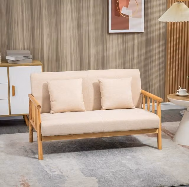 Divano 2 posti beige in poliestere con struttura in legno