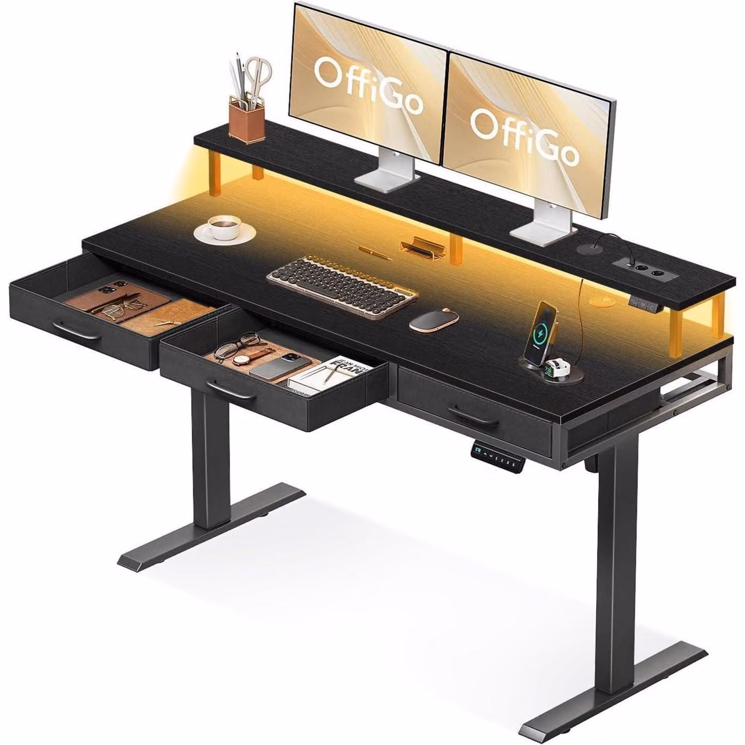 Scrivania elettrica con cassetti, regolabile in altezza fino a 140 cm, supporto per monitor, prese di corrente, barra luminosa LED, colore nero