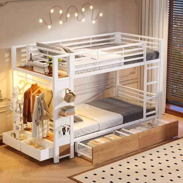 Letto a castello ¨C Minimal ¨C Bianco metallo 90x200cm con cassetti led