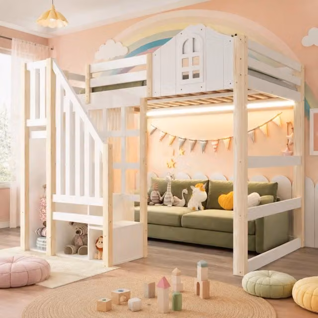 Letto a soppalco 140x200 cm con LED; scala contenitore e vani aperti; bianco e naturale