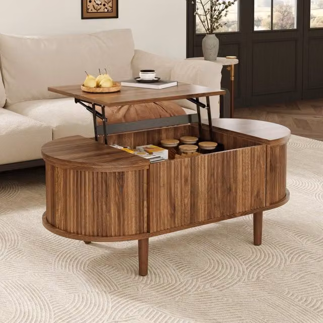 Tavolino basso alzabile ovale con vani laterali in MDF color noce e gambe in legno 100 × 48 × 53.5 cm