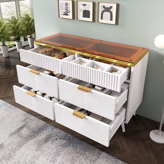 Cassettiera con 6 cassetti e divisori estraibili in pannello di particelle e vetro bianco 120 × 40 × 76 cm