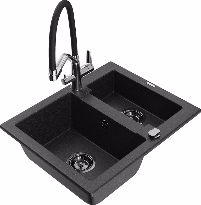 Mexen Carlos lavello da cucina in granito 1,5 vasche con rubinetto Duo, nero/argento metallizzato - 6518-73-671701-07-B