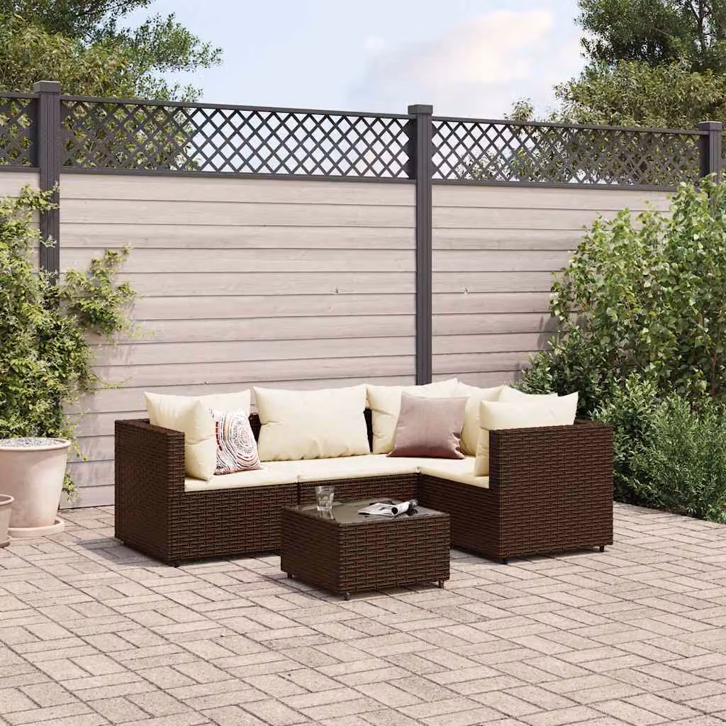 vidaXL Set Divani da Giardino 5 Pezzi a Forma di L con Tavolino e Cuscini Marrone e Bianco in Polyrattan e Acciaio – 1